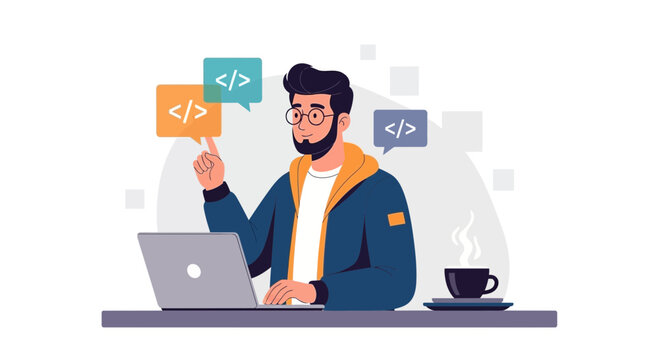 Programmer working on laptop with code symbols and coffee