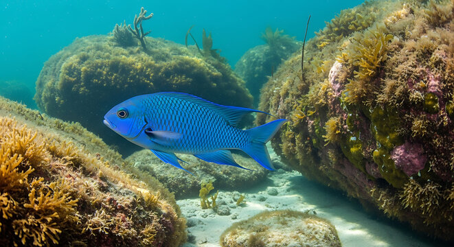 Vivid blue chromis fish swimming amongst coral reefs on transparent background