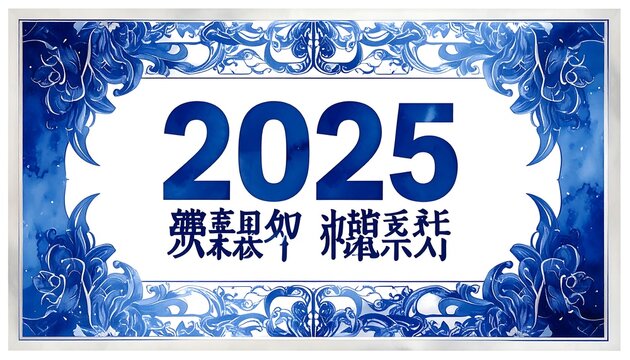A rectangular illustration featuring "2025" in bold blue font within an intricate blue and white ornate floral border. Below, Chinese characters appear