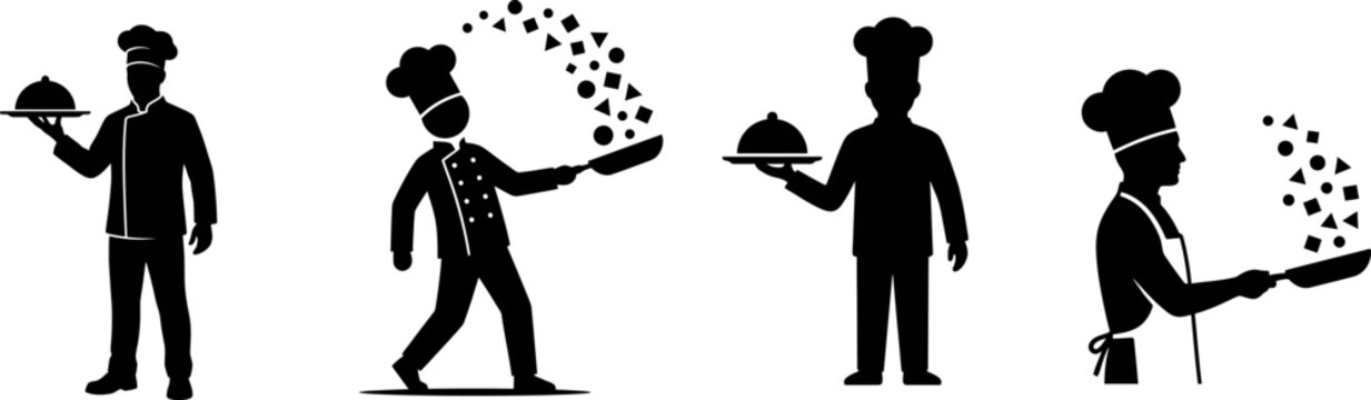 Black silhouette collection of professional chefs cooking and serving food in a kitchen setting