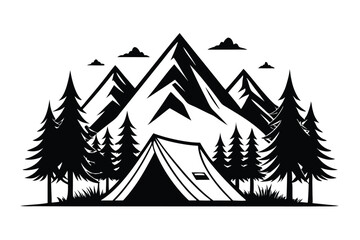 Obraz premium camping tent with mountain tree silhouette line art vector illustration