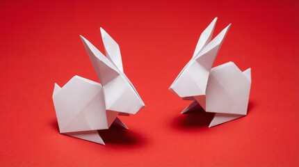 Two white paper origami rabbits facing each other on a vibrant red background surface