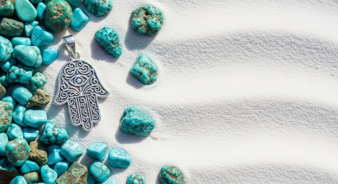 Turquoise stones and hamsa pendant.