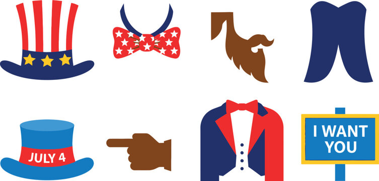 Patriotic american holiday symbols like uncle sam hat bow tie beard pants jacket and sign july.