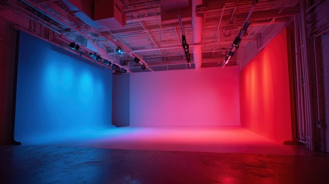 Vibrant studio with dynamic red and blue lighting setting for creative photography or video production