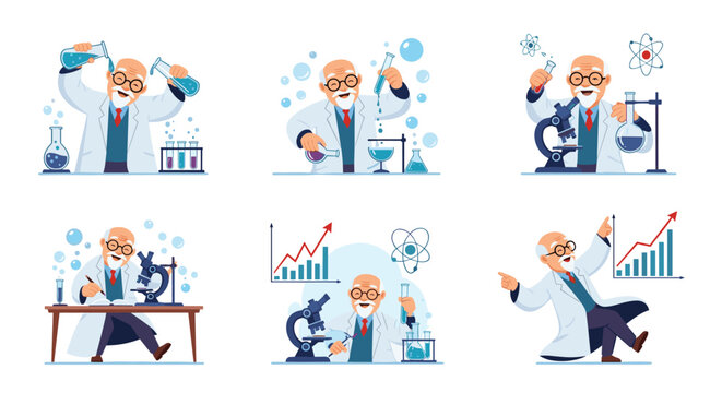 Cheerful senior scientist character performing various laboratory experiments with microscopes, beakers, test tubes, and data charts.