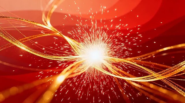 Golden light trails with fireworks exploding on red background