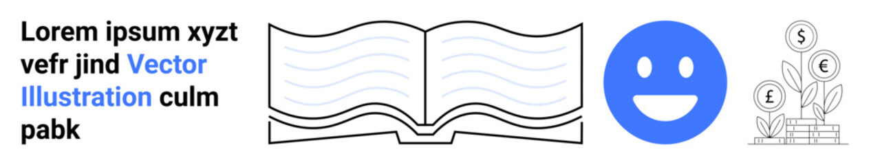 Obraz premium Education, business, growth, learning, happiness, investment. Open book, a blue happy icon and a plant with dollar signs. Education and business learning and growth