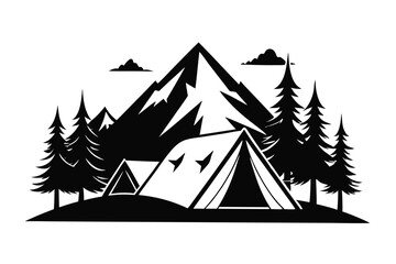 Obraz premium camping tent with mountain tree silhouette line art vector illustration