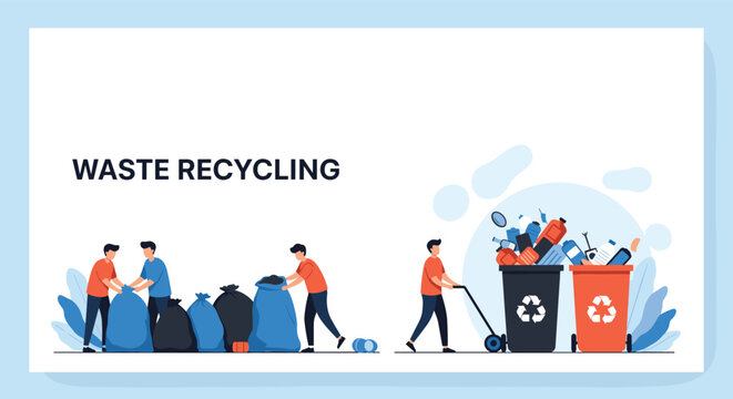 Environmental infographic concept showing people sorting trash bags and plastic bottles into specialized waste recycling bins.
