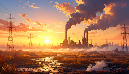Fototapeta premium A sprawling industrial complex emits plumes of smoke against a vibrant sunset, highlighting the tension between progress and environmental impact.