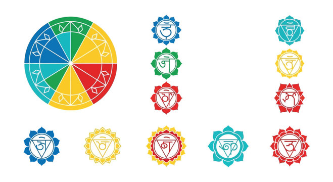 Set of colorful chakra symbols and a chakra wheel, representing energy centers and spiritual balance.