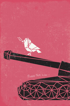 Abstract polygon peace dove carrying olive branch on military tank with pink vertical background fade condition with scratches and distress texture have blank space.
