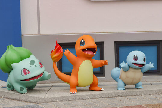 April 7, 2026 - Tokyo, Japan - Statues of Charmander, Squirtle and Bulbasaur in the newly opened Pok&eacute;mon theme park "Poke Park Kanto"