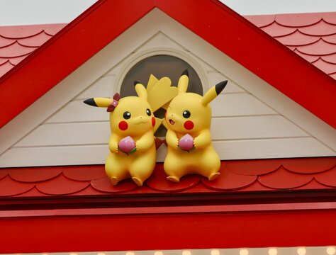 April 7, 2026 - Tokyo, Japan - Two Pikachu statues in the newly opened Pok&eacute;mon theme park "Poke Park Kanto"