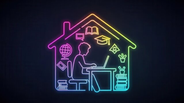 Vibrant neon line art depicting remote learning and working from home within a digital house icon