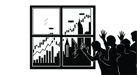 Obraz premium People looking at financial charts and city skyline