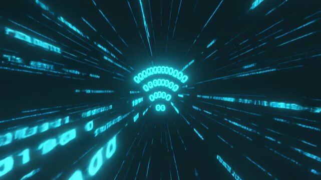 Binary streams that momentarily form recognizable tech icons (Wi-Fi, Bluetooth, power symbols) then dissolve, 4k.