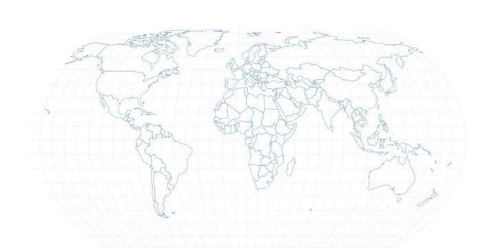 Minimalist World Map Vector Outline with Geographic Graticule, Professional Blue Contour Map