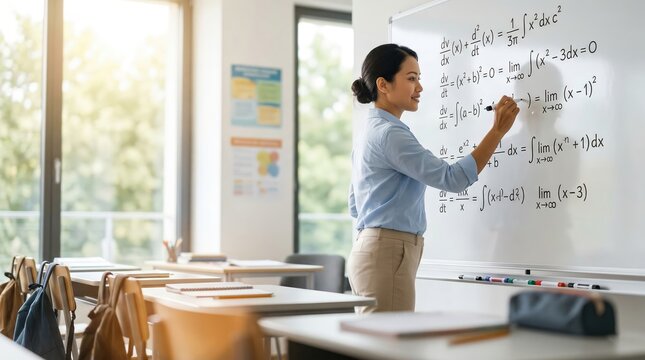 Young female teacher writing advanced math equations on a whiteboard during a lesson in a sunlit classroom