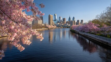 Obraz premium Stunning photo of philadelphia skyline with cherry blossoms in full bloom along the schuylkill river.