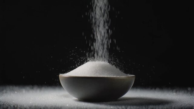 Powder cascading into a bowl creates a fine texture against a dark background. Ideal for culinary projects and baking content. Use it for a dynamic feel.