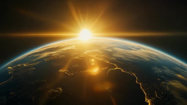 Golden sunrise illuminates Earth from space, highlighting glowing city lights. Perfect for space themes and environmental campaigns. Use it for wonder.