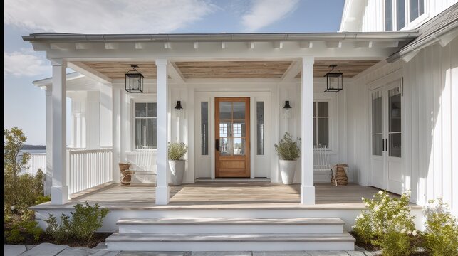 Stunning photo of modern beach coastal veranda porch french door entrance chic white paint natural Hamptons luxury farmhouse entrance patio house cottage vibes contemporary Cape.