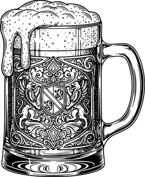 Black and white illustration of a frothy beer mug with detailed design. Vector illustration