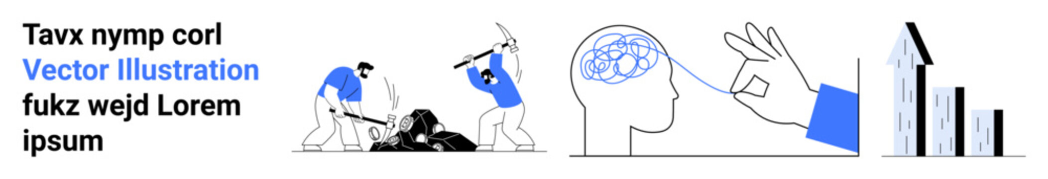 Labor, productivity, innovation, analytics, growth, and data . Workers mining coal, a brain being analyzed and a bar chart. Productivity and innovation concept