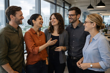 Obraz premium Happy coworkers interacting and smiling in a modern office setting