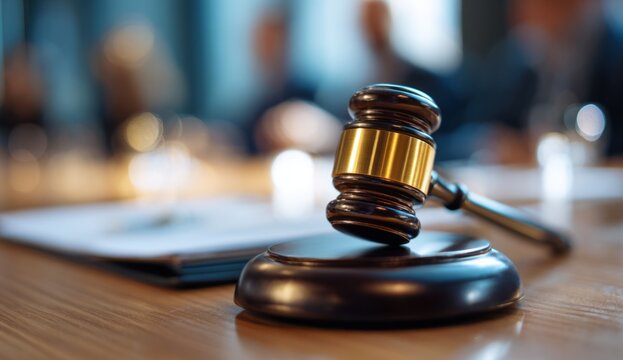 Gavel resting on a wooden court block in a legal setting, with blurred background of people and documents