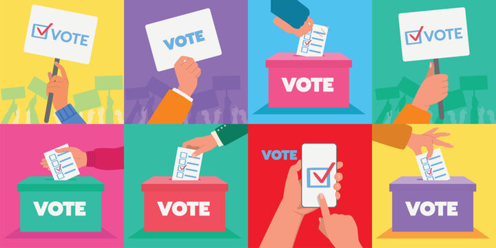 Colorful flat vector set of voting concepts. Hands putting ballots in boxes, holding election signs, and casting digital votes online via smartphone. Democracy and election campaign background.