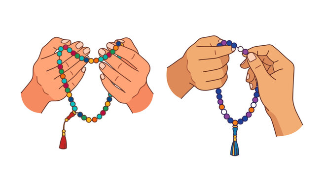 Hands holding colorful beaded necklaces illustrated in a cartoon style