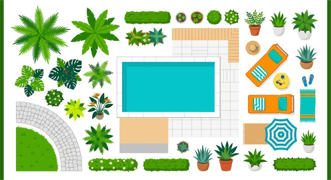 Aerial view of a modern backyard with a pool and lush plants