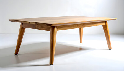 Fototapeta premium A sleek, mid-century modern wooden dining table is showcased against a bright white backdrop.