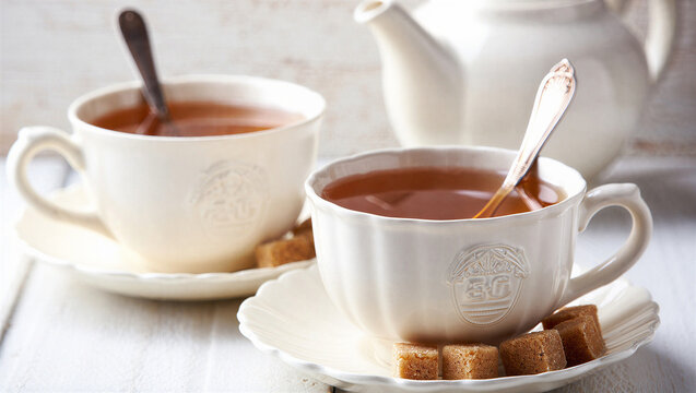 Two cups of tea with spoons and sugar cubes on saucers, served from a white teapot, tea time