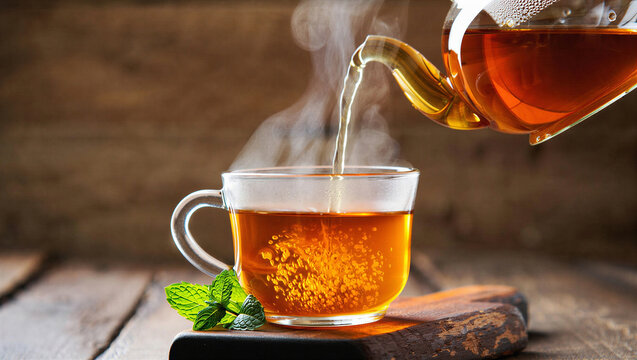 Hot tea is poured from a glass teapot into a clear mug with fresh mint on wooden board, tea time