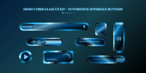 Futuristic neon glass UI buttons pack with glowing effects. Includes multiple styles, states and icons. Perfect for apps, dashboards, web design, gaming and sci-fi interfaces. © NIVAELITH 