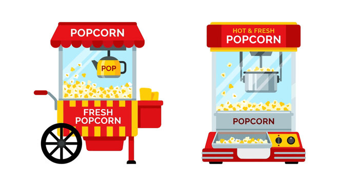 Two colorful popcorn machines with popcorn signage and full containers