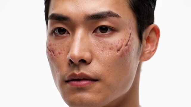 Acne Scars and Post-Acne Marks on Male Face | Uneven Scarred Texture | Premium Skincare Ad