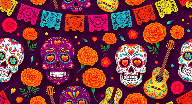 Vibrant seamless pattern featuring decorated sugar skulls, marigold flowers, and papel picado banners for Day of the Dead celebration on a dark purple background.