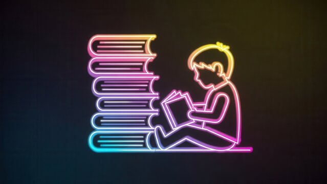 Vibrant neon illustration of a young reader immersed in books, symbolizing learning and growth