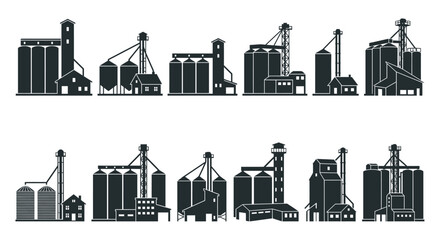 Black and white illustration of industrial grain elevators and buildings © MITHUN