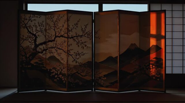 Traditional Japanese Byobu Screen with Cherry Blossom and Mountain Art Illuminated by Sunset Glow
