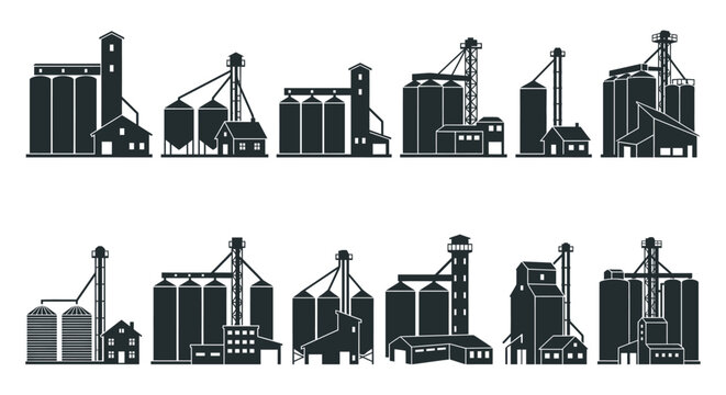 Black and white illustration of industrial grain elevators and buildings