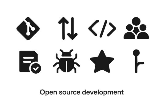Open Source Icons. Open source development. Filled icon set of Open source development: Git repository, pull