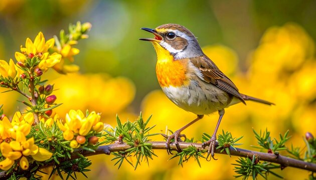 Male whitethroat bird singing on yellow gorse bush in spring sunlight