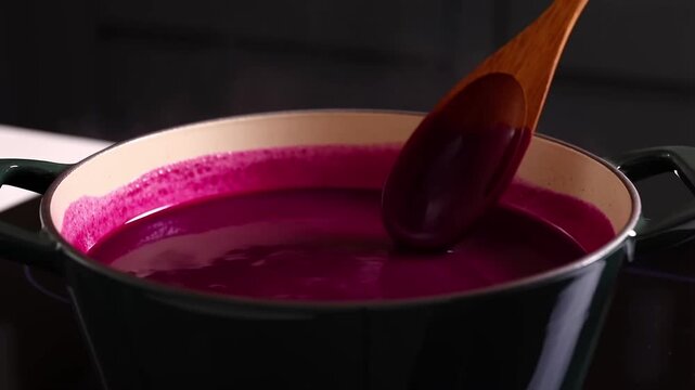 A wooden spoon stirs a thick, vibrant magenta beetroot soup in a dark pot. The smooth, creamy texture and deep color suggest a healthy, homemade meal being prepared.