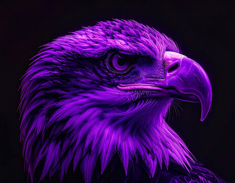 A vibrant purple eagle head illustration with bold lines and high contrast appears against a dark background.